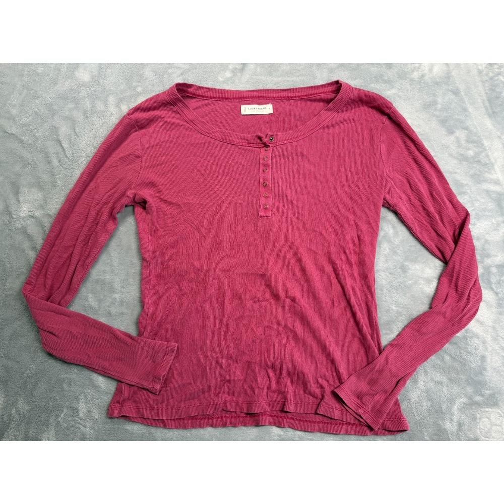 Lucky Brand Henley Shirt Womens Medium Pink Ribbed Casual Slim Fit Long Sleeve